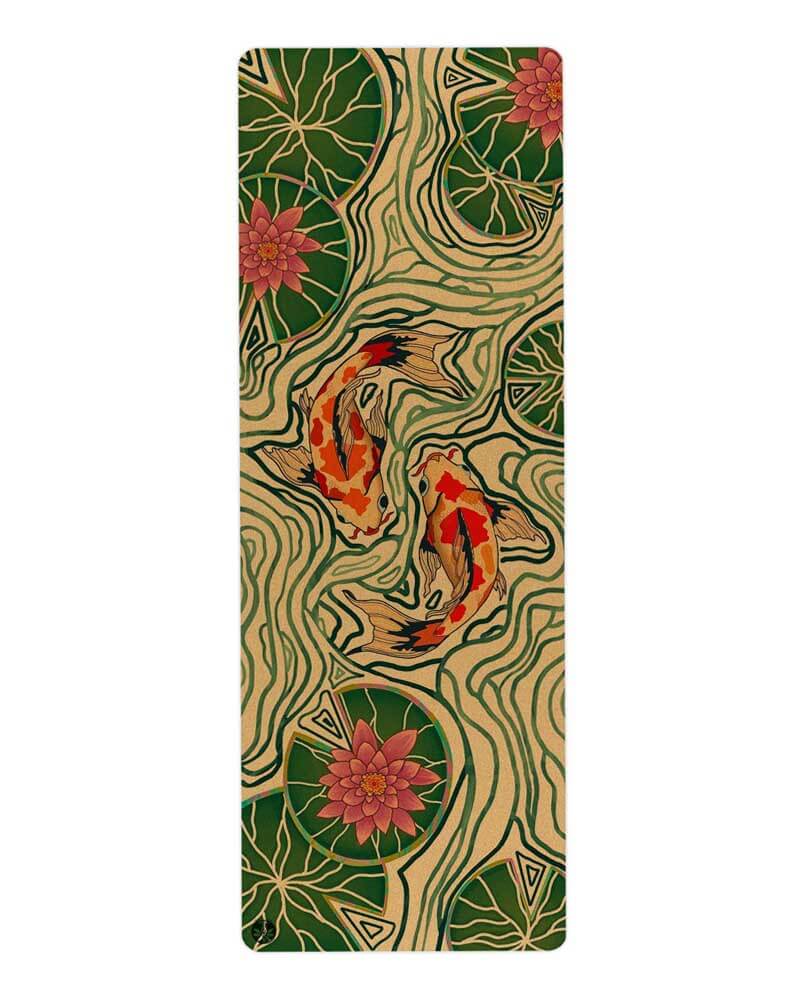 Yoga mat with Koi fish and lotus design on a white background