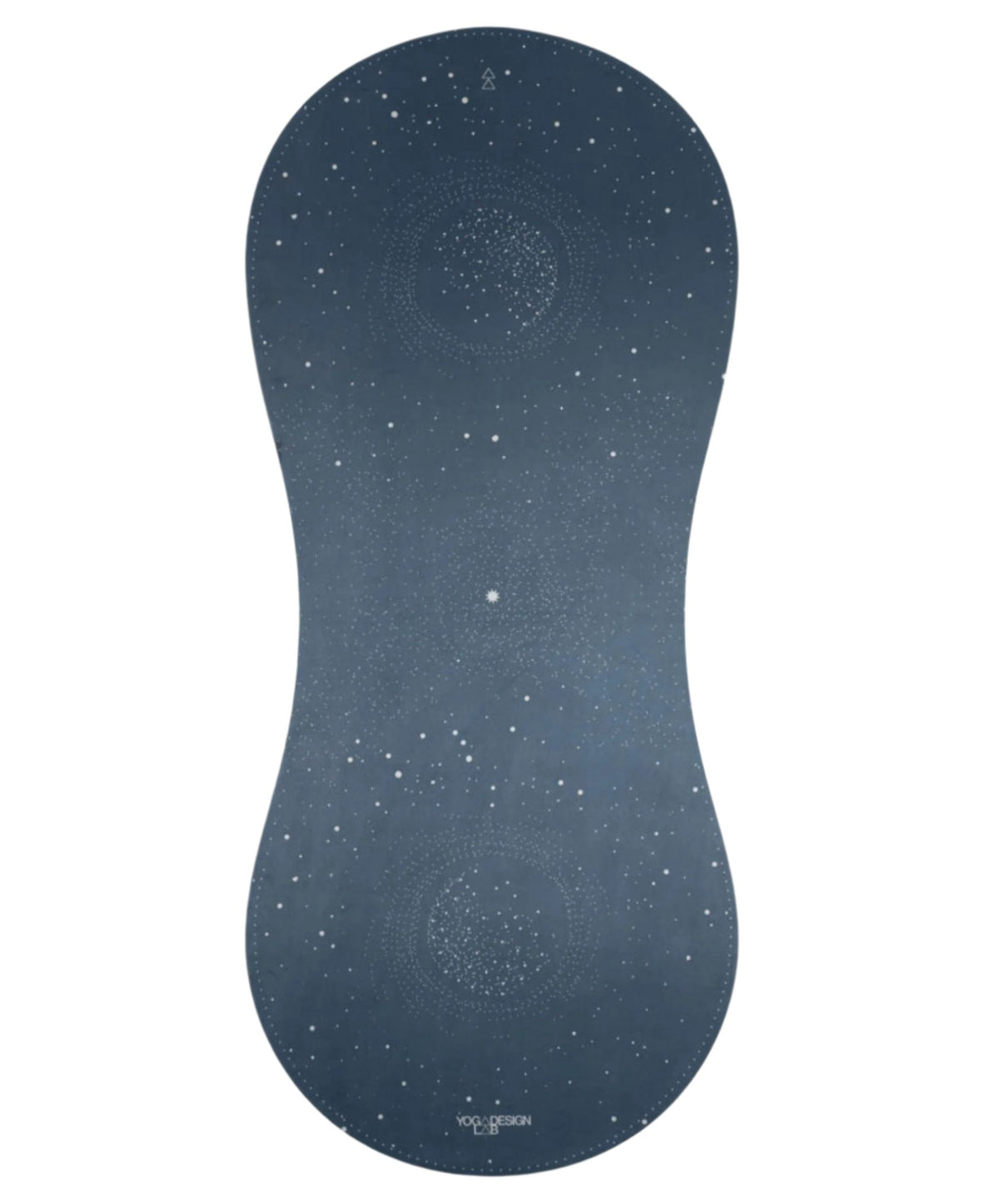 A dark blue-gray contoured yoga mat with a white starry galaxy pattern and subtle mandala designs, shown on a plain white background.
