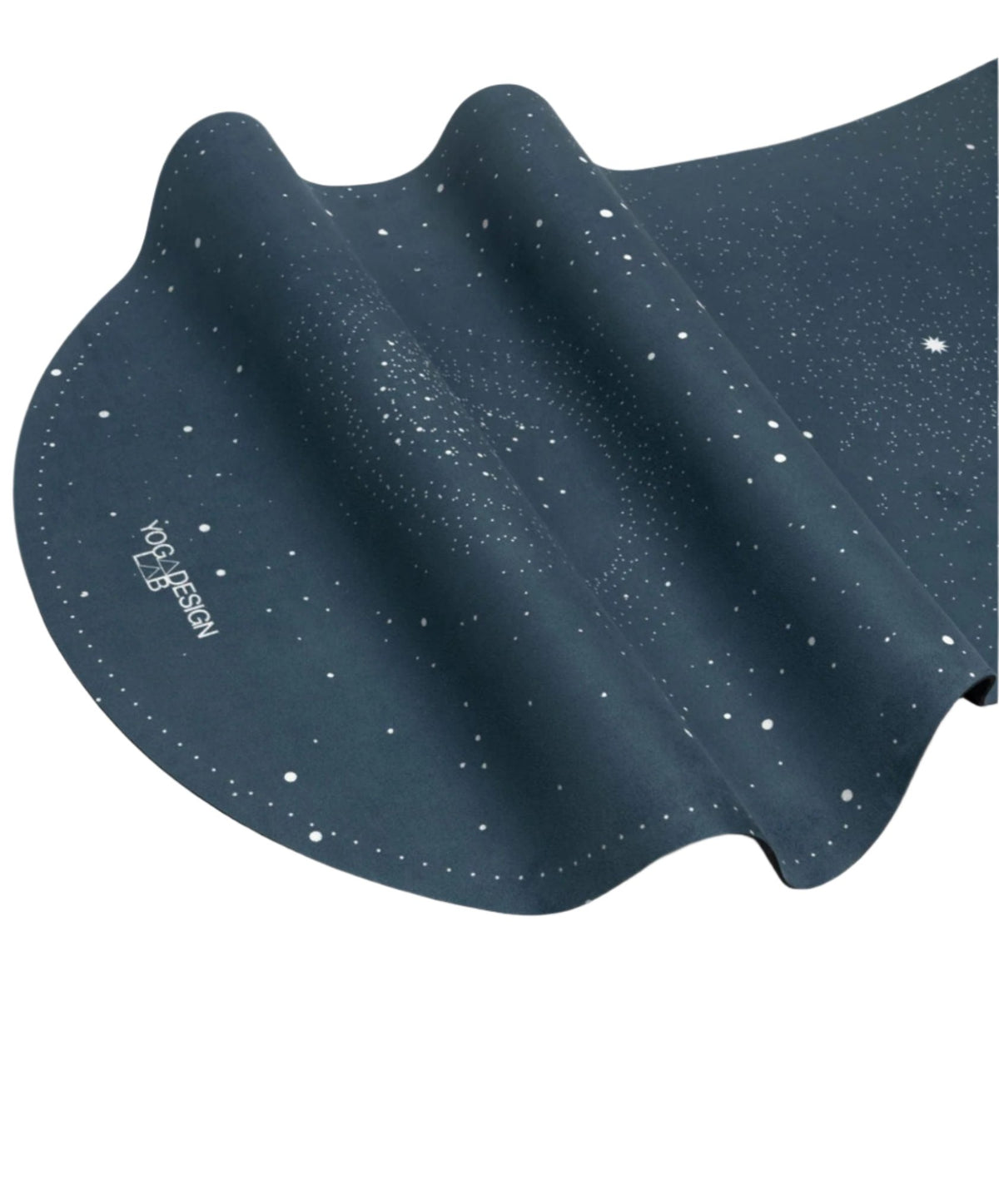 A dark slate blue yoga mat with a white starry space pattern, featuring the brand name 'Yoga Glass' printed in white on the lower left, shown against a solid white background.